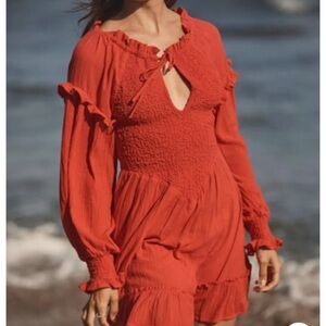 FREE PEOPLE Kiss And Tell Smocked Mini Dress Red nwt